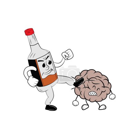 Eine Flasche Alkohol versetzte dem Gehirn einen Tritt. Konzept für negative Auswirkungen des Trinkens auf den Verstand. Vektor Illustration für T-Shirt, Website, Print, Clip Art, Poster und Print on Demand Merchandise.