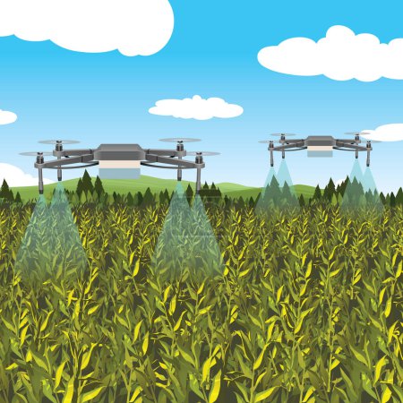 Téléchargez les illustrations : Technologies modernes dans l'agriculture. Un drone industriel survole un champ vert et pulvérise des pesticides utiles pour augmenter la productivité et détruire les insectes nuisibles. - en licence libre de droit