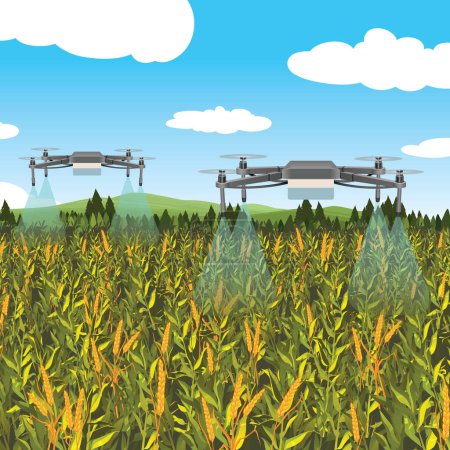 Téléchargez les illustrations : Technologies modernes dans l'agriculture. Un drone industriel survole un champ vert et pulvérise des pesticides utiles pour augmenter la productivité et détruire les insectes nuisibles. - en licence libre de droit