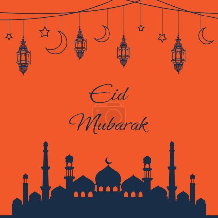 Ilustración de Eid Mubarak caligrafía árabe que significa Feliz Día del Eid aislado sobre fondo blanco. Silueta de texto en urdu Diseño islámico para tarjetas de felicitación Eid, post en redes sociales Ilustración vectorial. - Imagen libre de derechos
