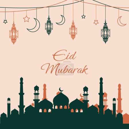 Eid Mubarak Arabic calligraphy meaning Happy Eid Day isolated on white background. Silhouette of Urdu text Islamic design for Eid greeting cards, social media post Vector illustration.
