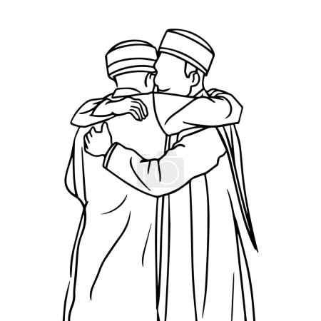 Téléchargez les illustrations : Aïd Moubarak. Deux frères musulmans s'embrassent pour célébrer l'Aïd. Arabe musulmans frères et sœurs embrasser avec amour et sourire Concept. Joyeux Frères, pères ou Frères et sœurs. Illustration vectorielle. - en licence libre de droit