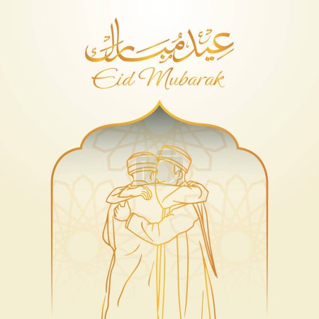Eid Mubarak. Dos hermanos musulmanes varones abrazándose para celebrar el Eid. Arabian Muslim Herblings Abrace with Love and Smile Concept (en inglés). Feliz Día de los Hermanos, Padres o Hermanos. Ilustración vectorial.