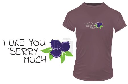 Blue berries with a funny love quote I like you berry much. Vector illustration isolated on white background for tshirt, website, print, clip art, poster and custom