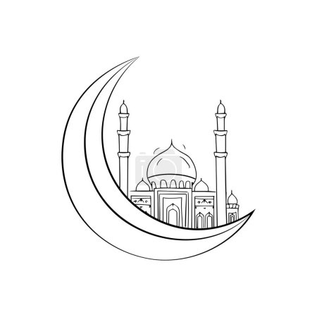 Esquema de silueta de mezquita dibujada a mano con luna creciente para tarjetas de felicitación islámicas Eid o Ramadán, tarjetas de celebración musulmanas, poste de redes sociales Vector