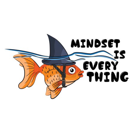 Ilustración de La mentalidad lo es todo. Philosophical quote goldfish with a shark fin helmet. Ilustración vectorial para camiseta, sitio web, impresión, clip art, póster e impresión personalizada bajo demanda - Imagen libre de derechos
