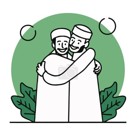 Ilustración de Eid Mubarak. Dos hermanos musulmanes varones abrazándose para celebrar el Eid. Arabian Muslim Herblings Abrace with Love and Smile Concept (en inglés). Feliz Día de los Hermanos, Padres o Hermanos. Ilustración vectorial. - Imagen libre de derechos
