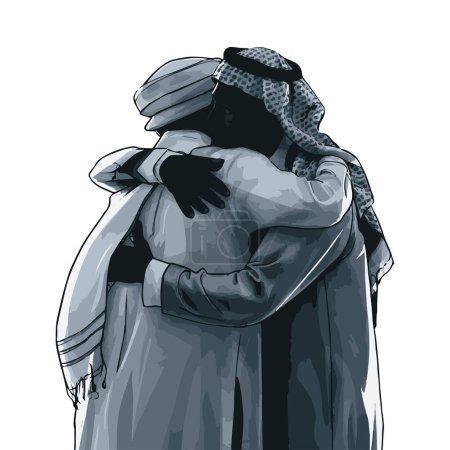 Eid Mubarak. Zwei männliche Muslimbrüder umarmen sich, um Eid zu feiern. Arabische muslimische Geschwister umarmen sich mit Liebe und Lächeln. Happy Brothers, Väter oder Geschwistertag. Vektorillustration.