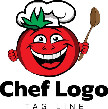 Ilustración de Lindo feliz divertido tomate chef con cucharas, diseño de logotipo corporativo para restaurantes, hoteles de marca. Icono de lujo vegetal. Clásico monograma cocinero. Ilustración vectorial - Imagen libre de derechos