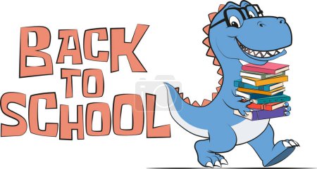 Funny cartoon of a happy smart dinosaur walking with books in hands with a quote back to school. Vector illustration for tshirt, website, clip art, poster and print on demand merch.