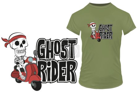 Funny skeleton cartoon in bandana riding a red scooter with a quote Ghost Rider. Vector illustration for tshirt, website, clip art, poster and print on demand merchandise.
