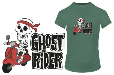 Funny skeleton cartoon in bandana riding a red scooter with a quote Ghost Rider. Vector illustration for tshirt, website, clip art, poster and print on demand merchandise.