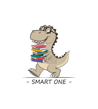 Drôle de dessin animé d'un heureux dinosaure intelligent marchant avec des livres dans les mains avec une citation intelligente. Illustration vectorielle pour tshirt, site web, clip art, affiche et impression sur demande marchandises.