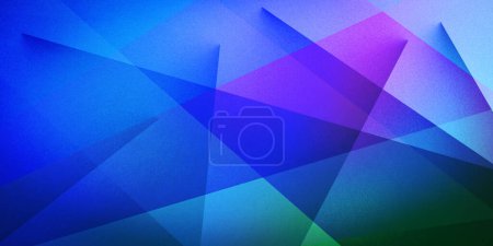 Striking geometric shapes and lines in multicolor with a grainy texture on an ultrawide background. Dark mix blue pink purple green neon azure turquoise gradient. Ideal for design, banners, projects