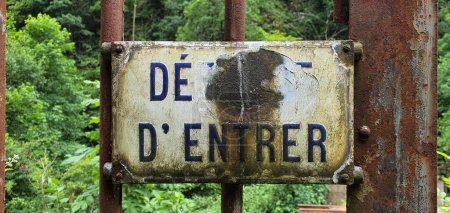 Verwittertes "DEFENSE DENTRER" -Schild an einem rostigen Metalltor vor sattgrünem Waldhintergrund. Beschwört ein Gefühl verbotener Einreise und der Rückgewinnung von vom Menschen geschaffenen Strukturen durch die Natur herauf