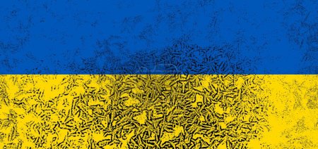 Téléchargez les illustrations : Drapeau de l'Ukraine avec une texture superposée de givre sur le verre. Le concept d'une éventuelle panne de courant due à la terreur par l'armée russe et à la suite du gel de tout le pays en hiver - en licence libre de droit