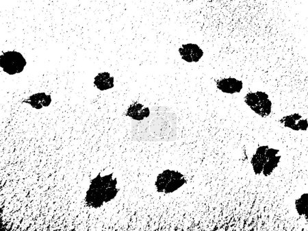 Illustration for Vector grunge texture of dog paw prints on snow. Using the effect of distress, weathering, chips, cracks, scuffs, dust, dirt, large and small grains. For backgrounds in vintage style, overlay, stencil - Royalty Free Image