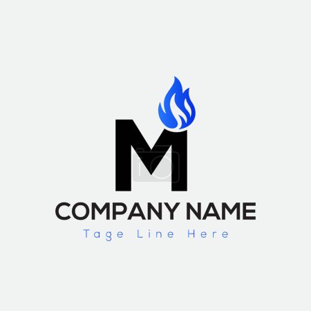 Blue Fire Logo On Letter M Template. Blue Fire On M Letter, Initial Fire Sign Concept