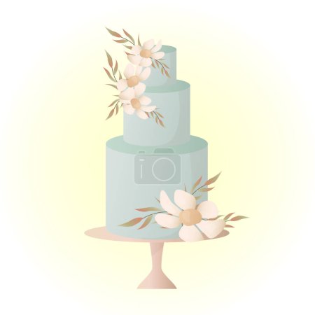 Hochzeitstorte mit Blumen und Blättern dekoriert. Geburtstag oder Hochzeitstorte