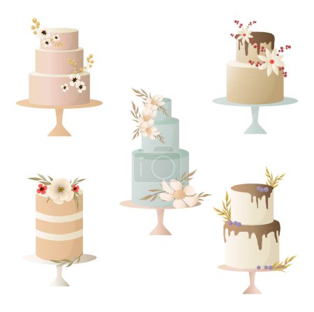 Illustration for Wedding cake decorated with flowers and leaves. birthday or wedding cake - Royalty Free Image