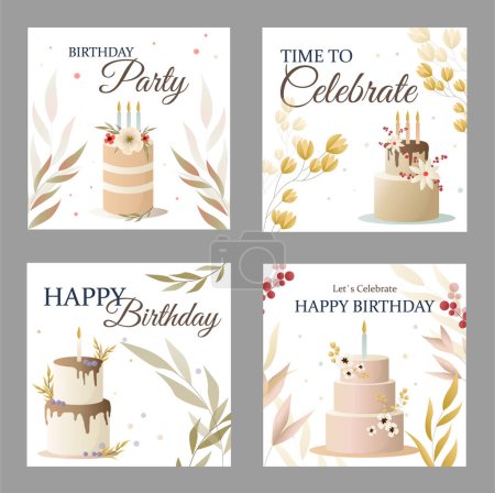 Téléchargez les illustrations : Carte d'anniversaire avec gâteau, fleurs, bougies et vœux. dessin à la main dessin animé vecteur couleur esquisse illustration isolé sur fond blanc - en licence libre de droit