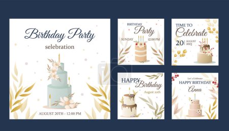 Ilustración de Tarjeta de cumpleaños con pastel, flores, velas y deseos. Dibujos animados dibujados a mano vector color bosquejo ilustración aislado sobre fondo blanco - Imagen libre de derechos
