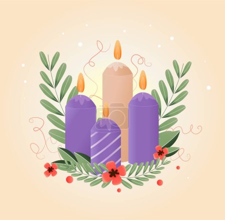 Téléchargez les illustrations : Carte de Noël avec bougies et gui symbolisant l'Avent. illustration de vacances - en licence libre de droit