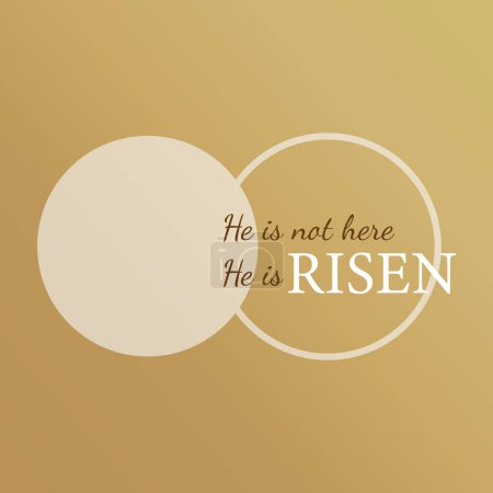 He is not here He is Risen - typography quote with Calvary and caves on the background. Easter Sunday, Holy Week postcard with sunrise and text Matthew 28.6. Vector illustration