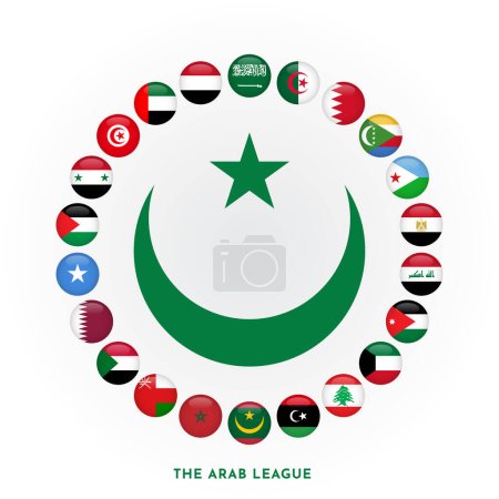 Téléchargez les illustrations : Ensemble de la conception de modèle de drapeau 3d rond des pays de la Ligue arabe - en licence libre de droit