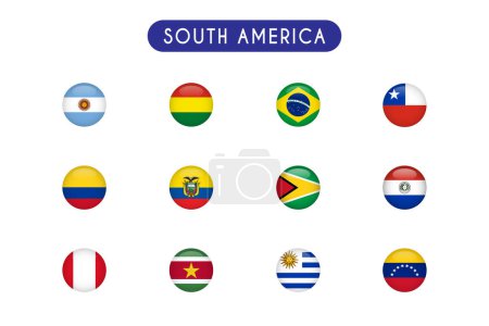 Set of South America Countries Flag Round 3d Template Design. Vector