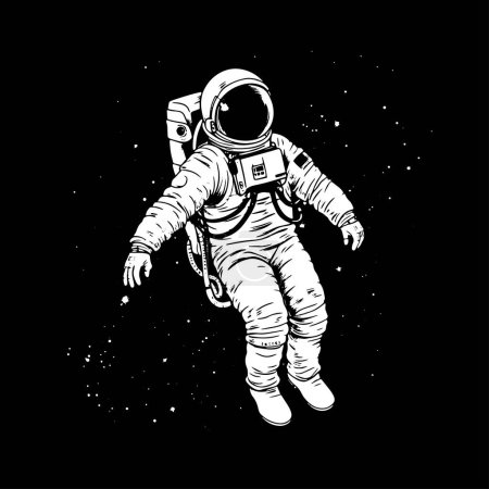 Black and white 2d illustration of astronaut in space