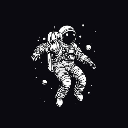 Black and white 2d illustration of astronaut in space
