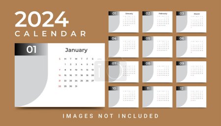 Téléchargez les illustrations : Simple nouvel an 2024 modèle de calendrier annuel - en licence libre de droit