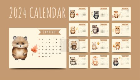 Illustration for New year 2024 watercolor autumn calendar template - Royalty Free Image