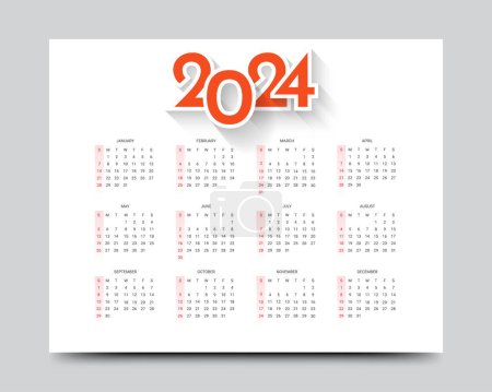 Téléchargez les illustrations : Simple nouvel an 2024 modèle de calendrier annuel - en licence libre de droit