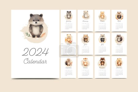 Illustration for New year 2024 watercolor autumn calendar template - Royalty Free Image
