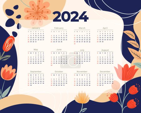 Illustration for 2024 annual calendar template with nature theme - Royalty Free Image