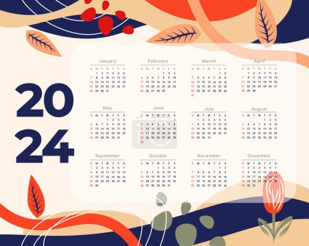 Ilustración de 2024 plantilla de calendario anual con tema de la naturaleza - Imagen libre de derechos