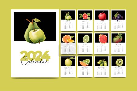 Téléchargez les illustrations : Nouvel an 2024 aquarelle modèle de calendrier de fruits - en licence libre de droit