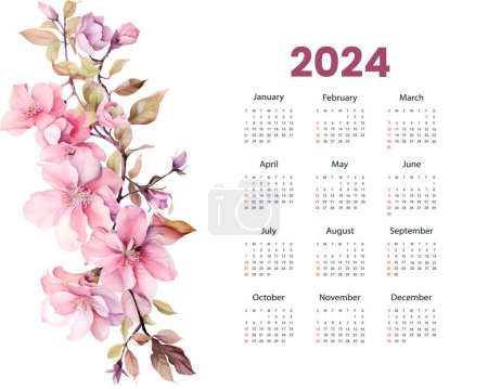 Illustration for 2024 annual calendar template with watercolor floral theme - Royalty Free Image