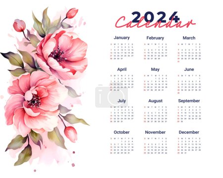 Téléchargez les illustrations : 2024 modèle de calendrier annuel avec thème floral aquarelle - en licence libre de droit