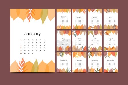 Téléchargez les illustrations : Modèle de calendrier annuel 2024 avec thème floral - en licence libre de droit