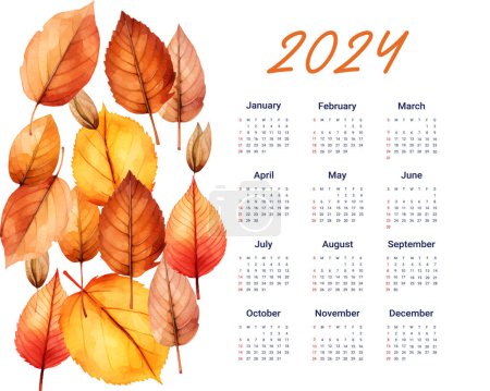 Illustration for 2024 annual calendar template with floral theme - Royalty Free Image