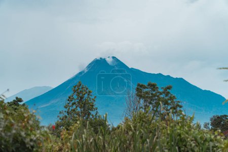 Die Schönheit des Merapi aus einer Entfernung von 13 Meilen mit Bäumen im Vordergrund. Die panoramische Schönheit des Merapi an einem sehr klaren Tag ist aus der Ferne sehr gut zu erkennen