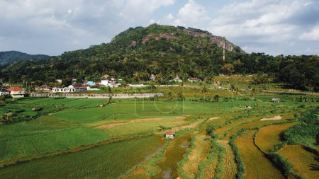 Panoramic view of the Nglanggeran Ancient Volcano ecotourism area in the afternoon using a drone. Aerial footage of an ancient rock hill surrounded by rice fields and villages.