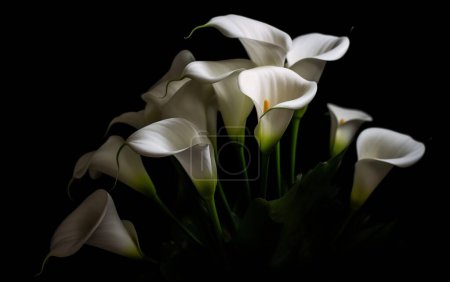 kleiner Beerdigungsstrauß aus Calla-Lilien mit schwarzem Band auf grauem Hintergrund 