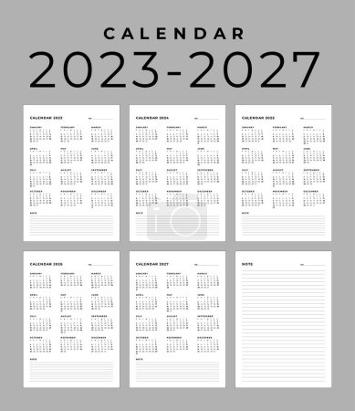 Téléchargez les illustrations : Calendrier mensuel moderne et note pour 2023, 2024, 2025, 2026, la semaine commence le dimanche, calendrier dans le style de design minimaliste, taille A4. - en licence libre de droit