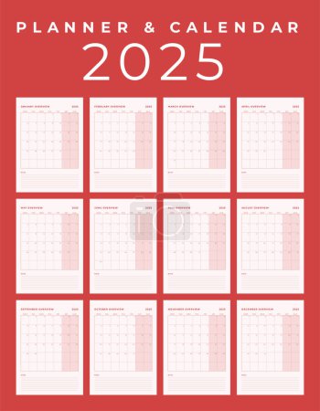 Téléchargez les illustrations : Calendrier 2025, Conception de table minimale, Modèle de début de semaine dimanche. - en licence libre de droit