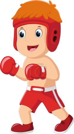 Téléchargez les illustrations : Illustration vectorielle de dessin animé heureux petit garçon entraînement boxe - en licence libre de droit