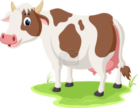 Téléchargez les illustrations : Illustration vectorielle de vache de bande dessinée debout sur l'herbe verte - en licence libre de droit